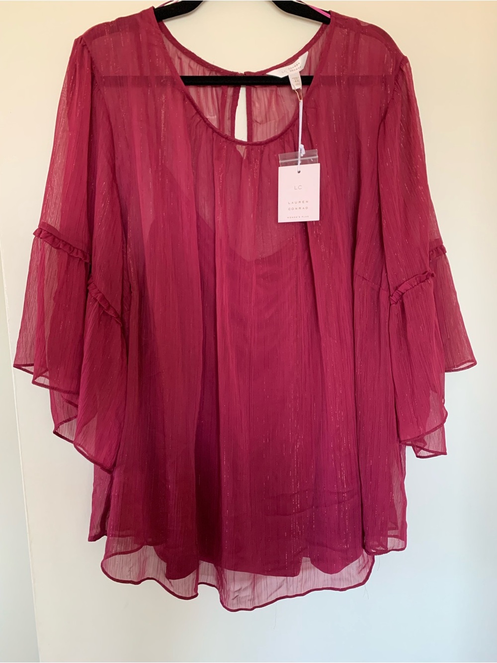 Lauren Conrad Plus Size 4X Sheer Blouse Bell Sleeve Burgundy Wine Camisole Tank